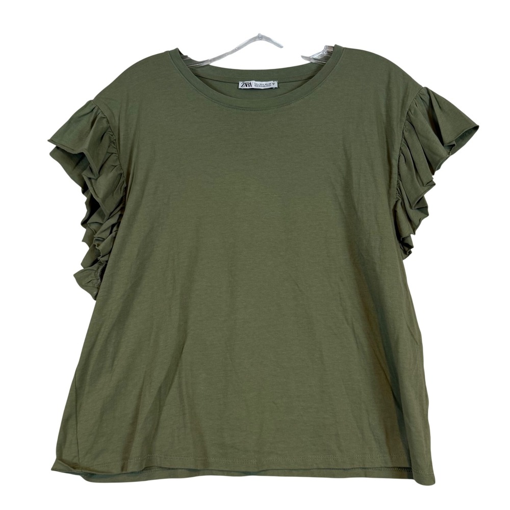 Zara Womens Olive Green Ruffle Cap Sleeve Cotton Crew Neck Tee Large Cottagecore